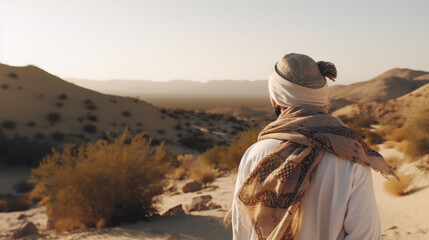 back view on a man with a headscarf in the desert. Generative AI - obrazy, fototapety, plakaty