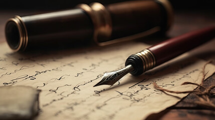 vintage fountain pen on old yellowed paper. Generative AI