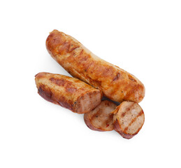 Tasty fresh grilled sausages isolated on white, top view