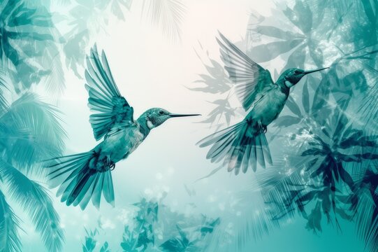 Tropical birds on the palm tree. Watercolour illustration. Jungle, rainforest, exotic animals, summer holidays concept. AI image.