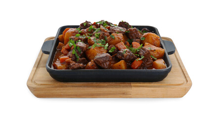 Delicious beef stew with carrots, parsley and potatoes on white background