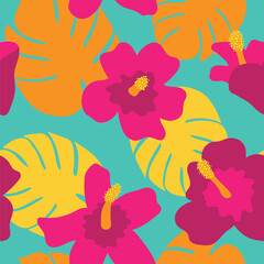 Tropical Summertime Pink Hibiscus Flowers and Orange and Yellow Palm Leaves on Blue Background Surface Design Textiles Seamless Repeat Pattern Design Eps 10 Vector 