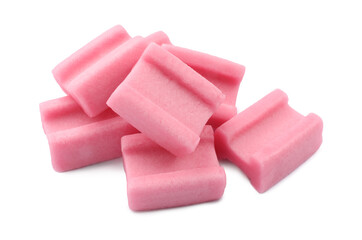 Pile of tasty pink chewing gums on white background