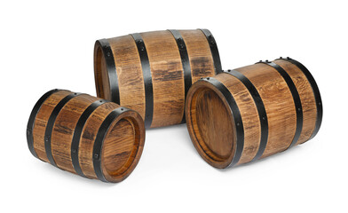 Three traditional wooden barrels on white background