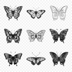 Vector Black Hand Drawn Butterfly Icon Set Isolated. Butterflies Collection, Vintage Vector Design Elements of Butterfly Silhouettes