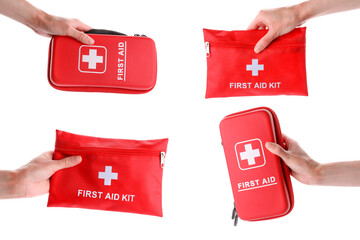 Collage with photos of woman holding first aid kits on white background, closeup