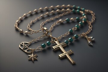 Fototapeta na wymiar Necklace with golden cross and turquoise beads on dark background. generative ai