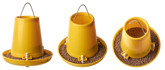 set of poultry feeder with chicken feed pellets, plastic hanging feeder which keep chickens fed and conserve food, easy to clean and visible feed level, isolated background in different angles