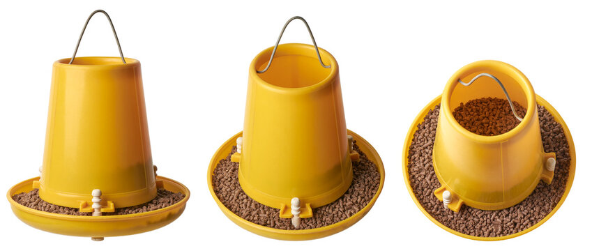 set of poultry feeder with chicken feed pellets, plastic hanging feeder which keep chickens fed and conserve food, easy to clean and visible feed level, isolated background in different angles
