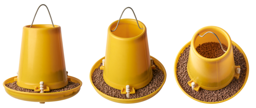 set of poultry feeder with chicken feed pellets, plastic hanging feeder which keep chickens fed and conserve food, easy to clean and visible feed level, isolated background in different angles