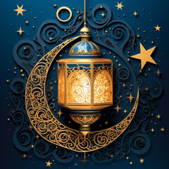 An Eid-al-Adha illustration with Star and crescent moon night and illuminated lantern with clouds around, Generative AI