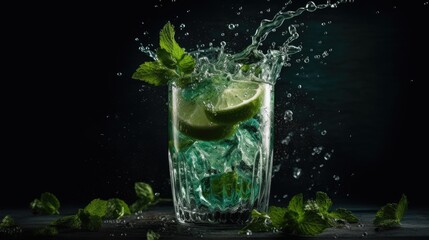 Close-up of a frothy Mojito suspended cocktail with lime ice and mint black background