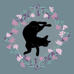 Dekoracyjna grafika przedstawiająca leżącego zwierzaka. Kwiatowa ramka i śpiący czarny kot. Ilustracja wektorowa. - obrazy, fototapety, plakaty