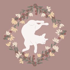 Dekoracyjna grafika przedstawiająca leżącego zwierzaka. Kwiatowa ramka i śpiący biały kot. Ilustracja wektorowa.
