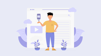 Young adult men with the latest generation of 6G network smartphones. Flat vactor