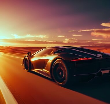 3D render of a sports car in the desert at sunset , generate by ai .
