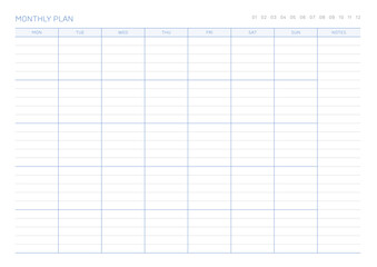 A monthly plan template with a simple and minimal style. Note, scheduler, diary, calendar planner document template illustration. - obrazy, fototapety, plakaty