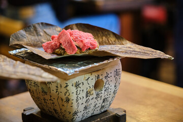 Hoba Miso with Beef traditional food at Takayama, Hida, Gifu, Japan.