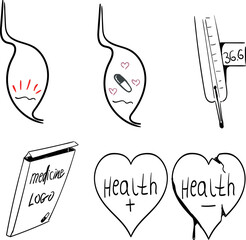 A set on a medical theme. Among the icons are stomachs before and after treatment, a thermometer with a standard human body temperature, a box with a drug or capsules for inserting a logo, and hearts 