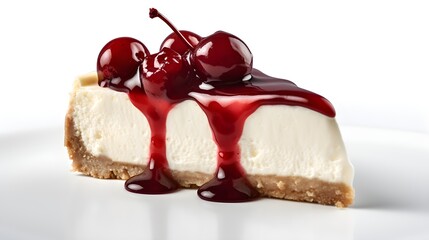 New york style cherry cheesecake, isolated on white background with copy space