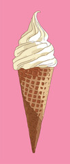 Hand drawing illustration of a soft serve ice cream cone. The snack part is made of a cone, and ice cream is placed on top of the cone.