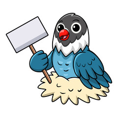 Cute slaty blue love bird cartoon holding blank sign