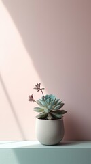 1274. minimalist Echeveria plant in front of soft color wall. Generative Ai