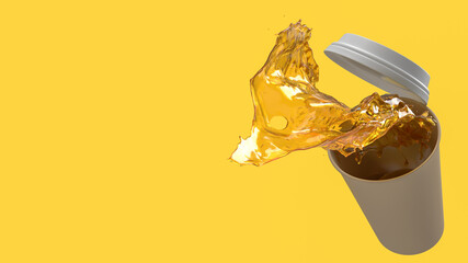 spilled coffee cup on yellow background  3d rendering