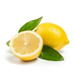 Obraz na płótnie Canvas yellow lemons with leaves isolated on white. AI generated content