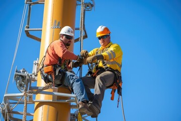 portrait photograph of power electrician Two people working at height wearing safety gear from a high voltage pylon.Generated with AI