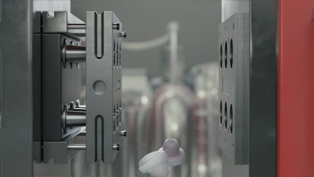 Automated machinery deals with plastic pellets moulding process at the plant. Moulding plastic pellets material into the small caps. Factory equipment moulding lots of plastic pellets.