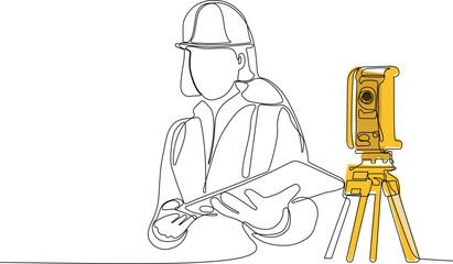 Close up of Caucasian worker with helmet on head using tablet for work while standing in warehouse. Surveyor with a tripod icon. Geodesic tripod. Vector illustration