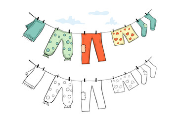 Clothes on a rope. Vector illustration isolated on white background