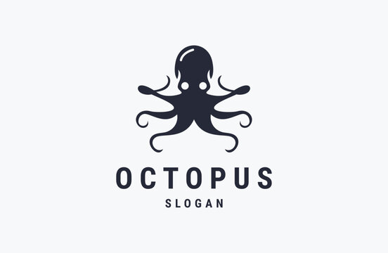 Template for logos, labels and emblems with black silhouette of an octopus. Vector illustration.
