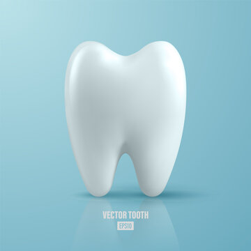 Vector 3d Realistic Tooth. Dental Inspection Banner, Plackard. Tooth Icon Closeup On Blue Background. Medical, Dentist Design Template. Dental Health Concept