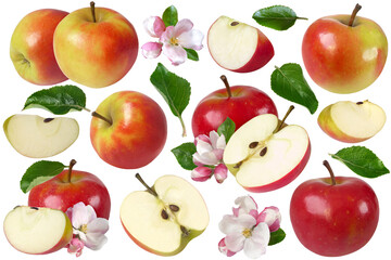 Rote Äpfel, Apfelhälften, Apfelspalten, Apfelblüten und Apfelblätter. Freigestellt auf transparentem Hintergrund.