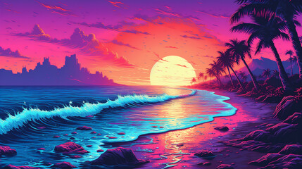 Retrowave Beach Landscape mit Palmen, Strand, Wellen, Sonne und Sonnenuntergang. Synthwave, Futuresynth, Outrun. Querformat. Generative Ai. - obrazy, fototapety, plakaty