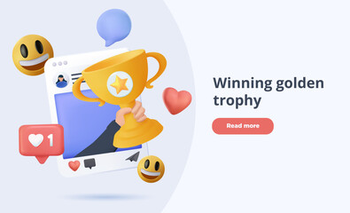3d icon winning golden trophy. winners prize with golden cup and photo frame, social media stars for rewards ceremony. Award ceremony golden cup in hand. 3d trophy cartoon icon vector render