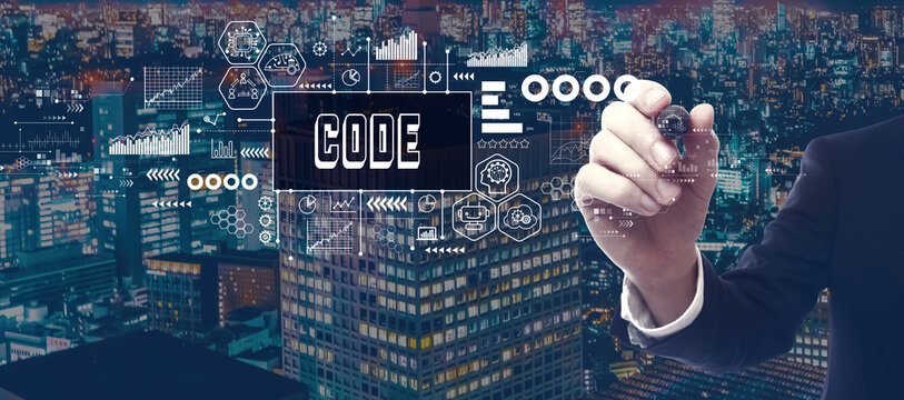 Code theme with businessman in a city at night