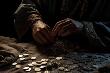 Judas 30 pieces of silver, sack thirty coins biblical symbol betrayal, religion, Bible A crown of thorns with thorns, a noose gallows ,creative reproduction of history Jesus Christ God