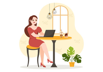 Cafe Vector Illustration of Interior with Bar stand, Table and Armchairs in Flat Cartoon Hand Drawn Landing Page Restaurant Background Templates