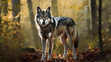 Naklejka na ściany i meble Beautiful wolf in the forest. The wolf is standing in the forest generative ai