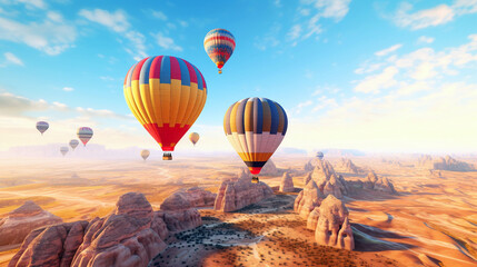 Fototapeta na wymiar Hot air balloons flying over the desert, generative ai illustration