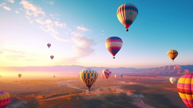 Hot air balloons flying over the desert, generative ai illustration