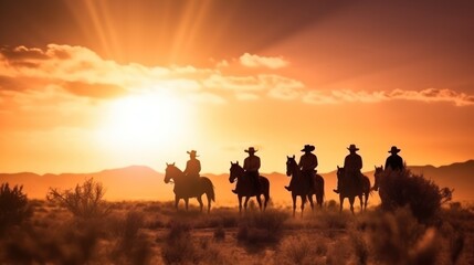 Fototapeta na wymiar Vintage and silhouettes of a group of cowboys sitting on horseback at sunset illustration. Generative AI.
