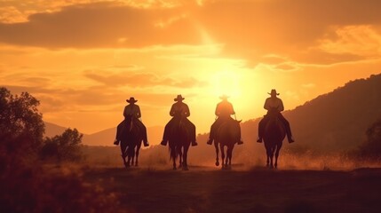 Fototapeta na wymiar Vintage and silhouettes of a group of cowboys sitting on horseback at sunset illustration. Generative AI.