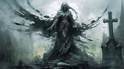 Fototapeta premium Generative AI, A Banshee perched on a crumbling gravestone