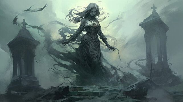 Generative AI, A Banshee perched on a crumbling gravestone