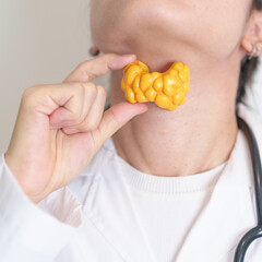 Doctor with human Thyroid anatomy model. Hyperthyroidism, Hypothyroidism, Hashimoto Thyroiditis,...