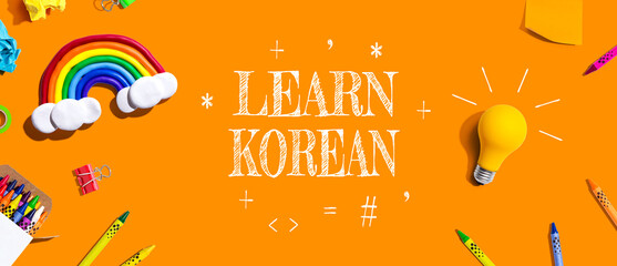 Learn Korean theme with school supplies overhead view - flat lay